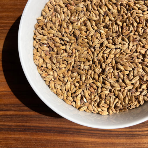 A white ceramic bowl filled with dingemans aromatic malted barley showing 20 lovibond color, photographed from above on a wooden surface with a strong shadow.