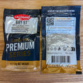 Two sealed packets of Lallemand BRY-97 American West Coast Ale Yeast shown on a wooden surface, with the front and back of the packaging visible.