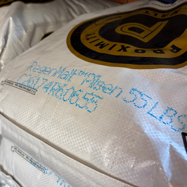 A close up of a bag of proximity regenmalt pilsen malted barley showing the bag label