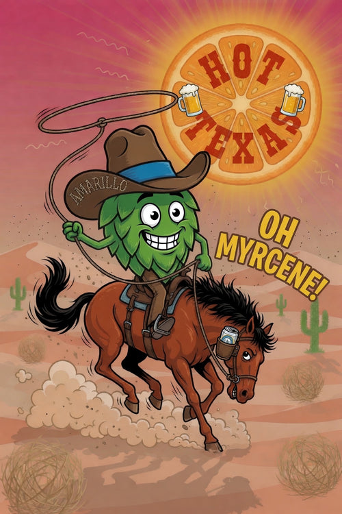 cartoon of a hop character riding a horse in the texas desert with amarillo hops