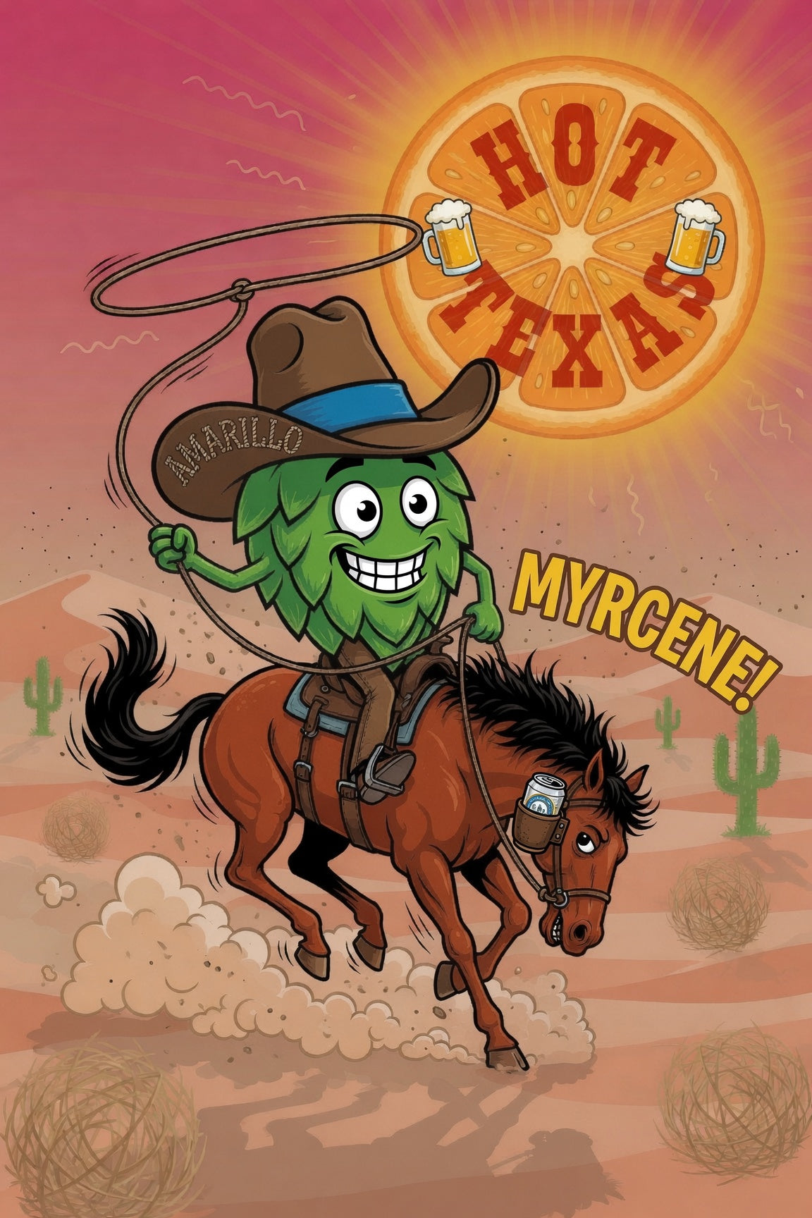 Cartoon hoppy character on a horse with 'Hot Texas Myrcene' branding in the background with amarillo hops