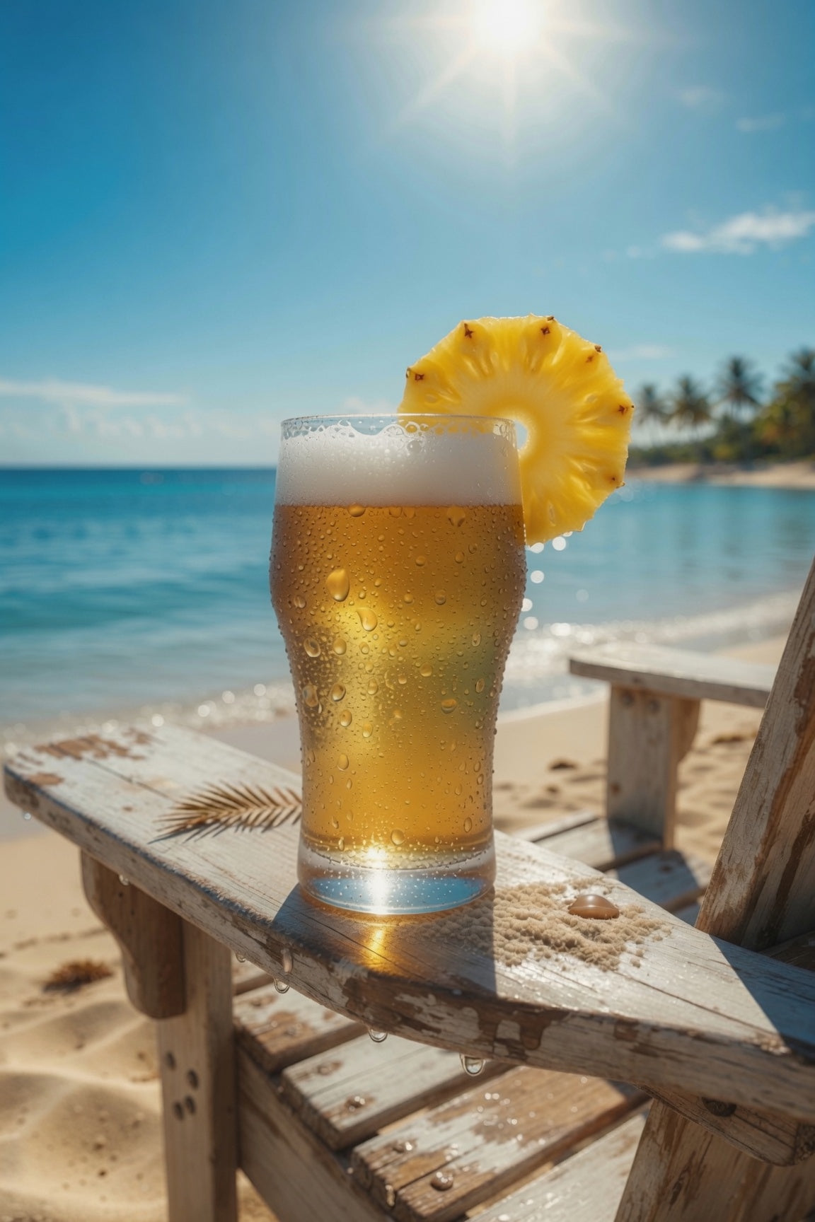 Glass of beer with a pineapple slice on a beach chair by the ocean