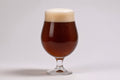 a tulip glass of deep amber beer showing 27 srm color with a tan head made with belgian amber candy sugar