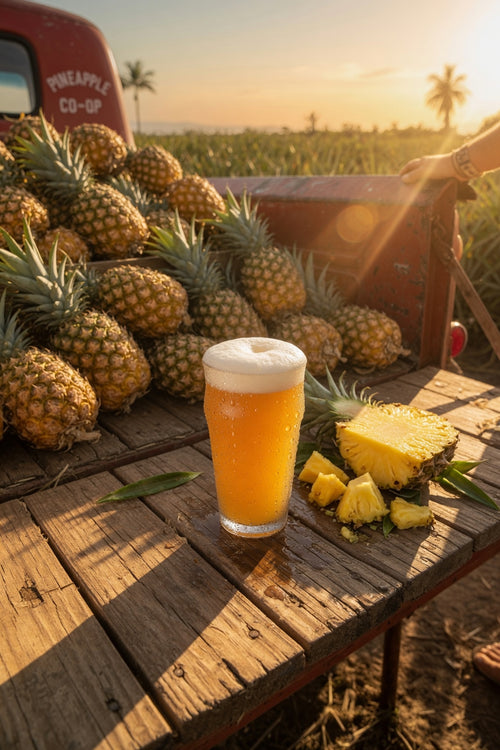 a pint of hazy ipa on the tailgate of an old red pickup truck during pineapple harvest with bru-1 hops
