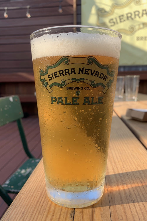 glass of pale golden beer showing sierra nevada pale ale on a sunny brewery patio with cascade hops
