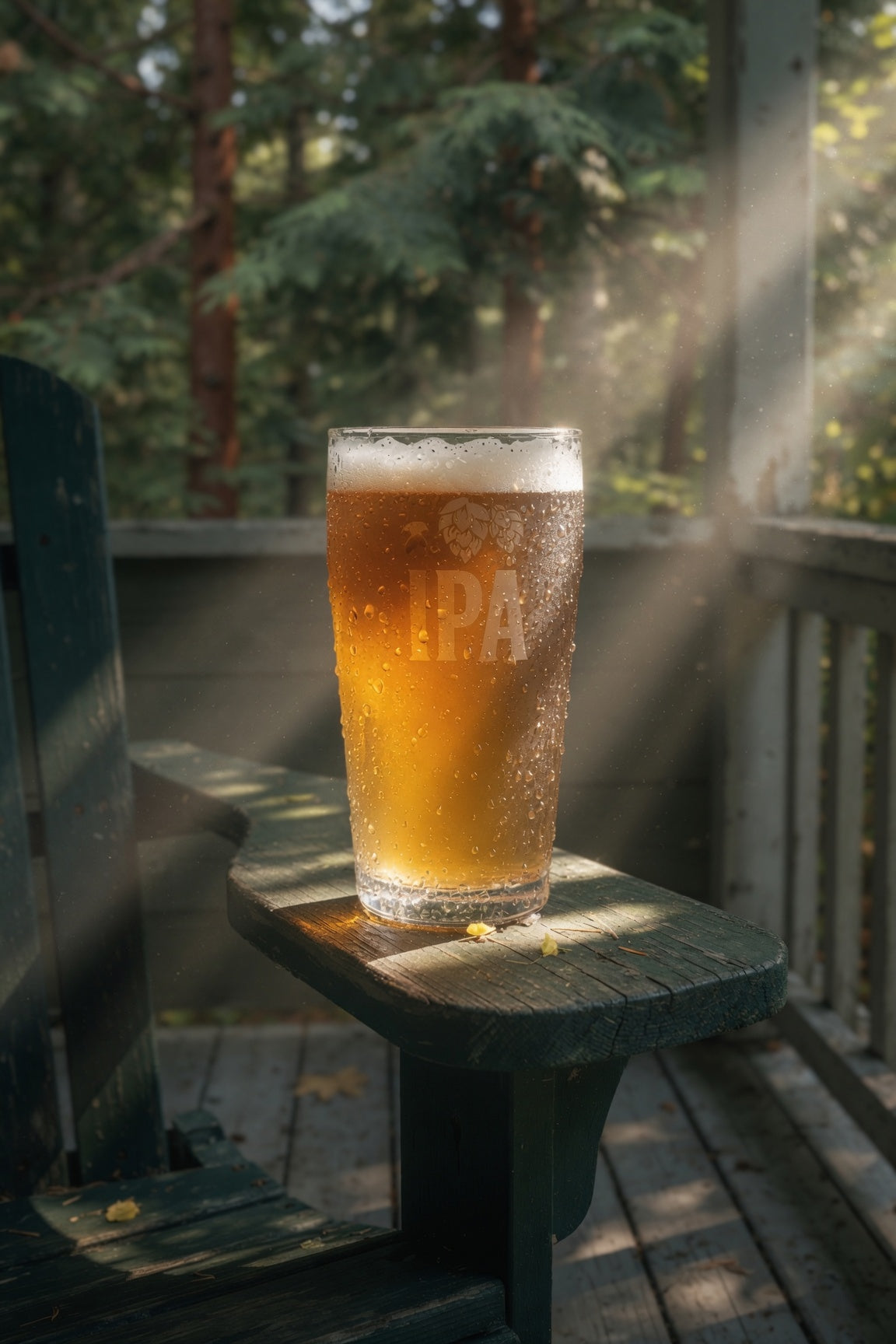 moody light shot of a pint of pale ale on an Adirondack chair on a porch in the forest with chinook hops