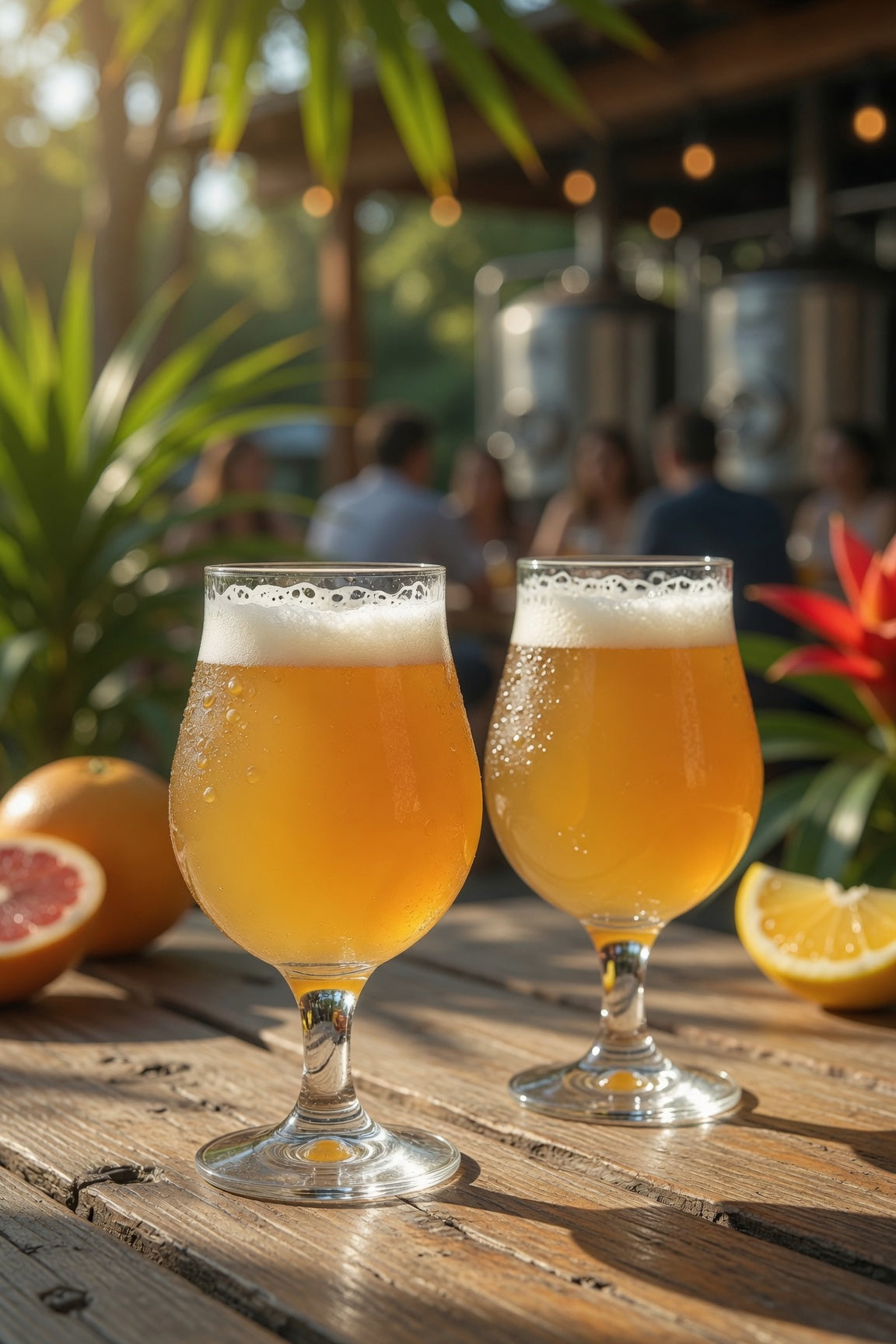 Two glasses of pale hazy beer on a wooden table with a blurred background of tropical plants at and people at a brewery