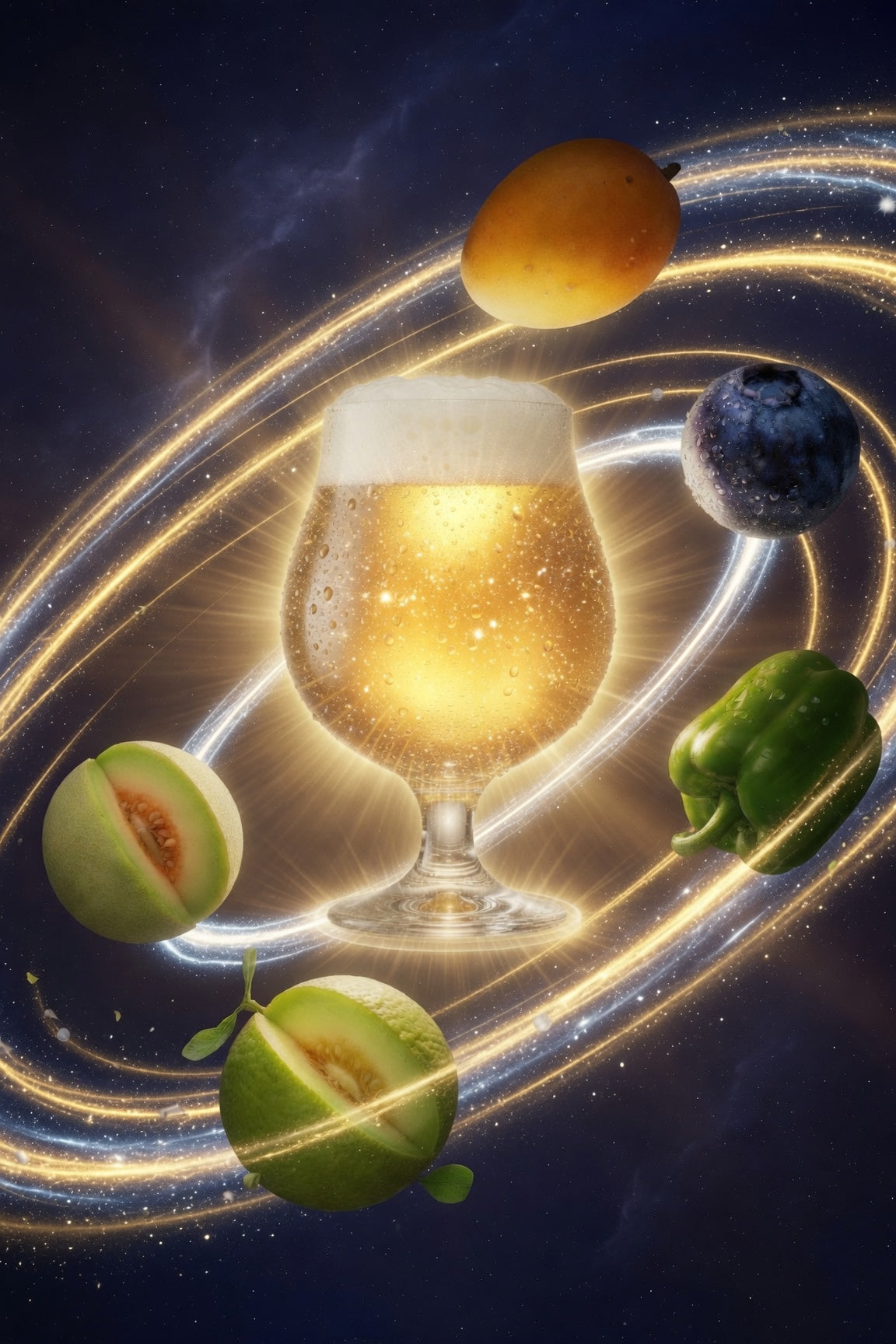 a glass of golden beer in the center of a galaxy with fruits and vegetables orbiting it with ekuanot hops