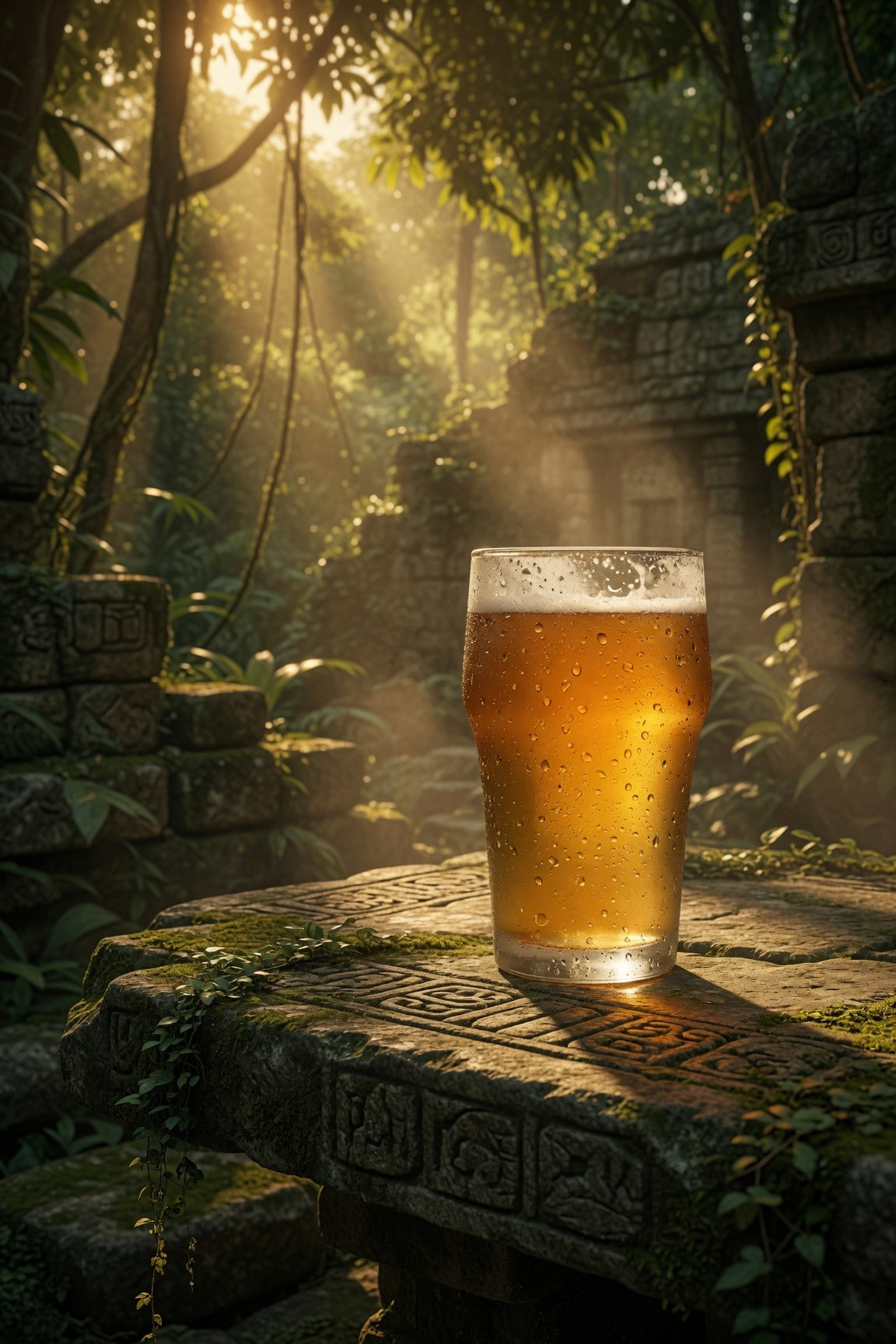 Pint of beer with El Dorado hops on a stone surface amid tropical ancient ruins