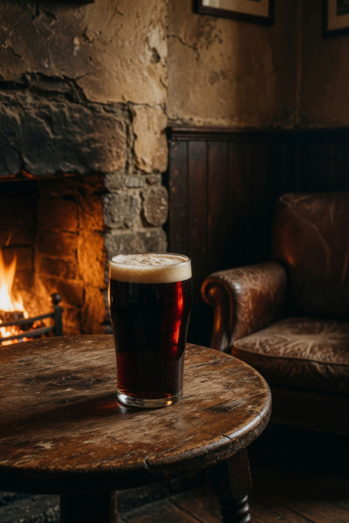 Glass of dark beer on a wooden table in an old cozy room with a fireplace and leather chair with fuggle hops