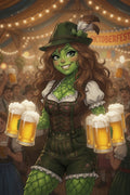 a female hop character serving several mugs of beer at oktoberfest with hallertau mittelfruh hops