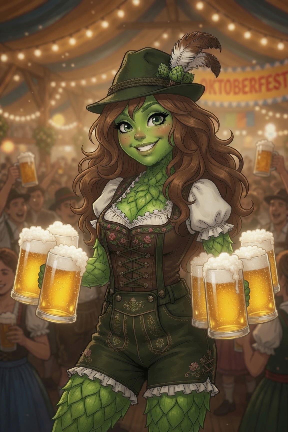 a female hop character serving several mugs of beer at oktoberfest with hallertau mittelfruh hops