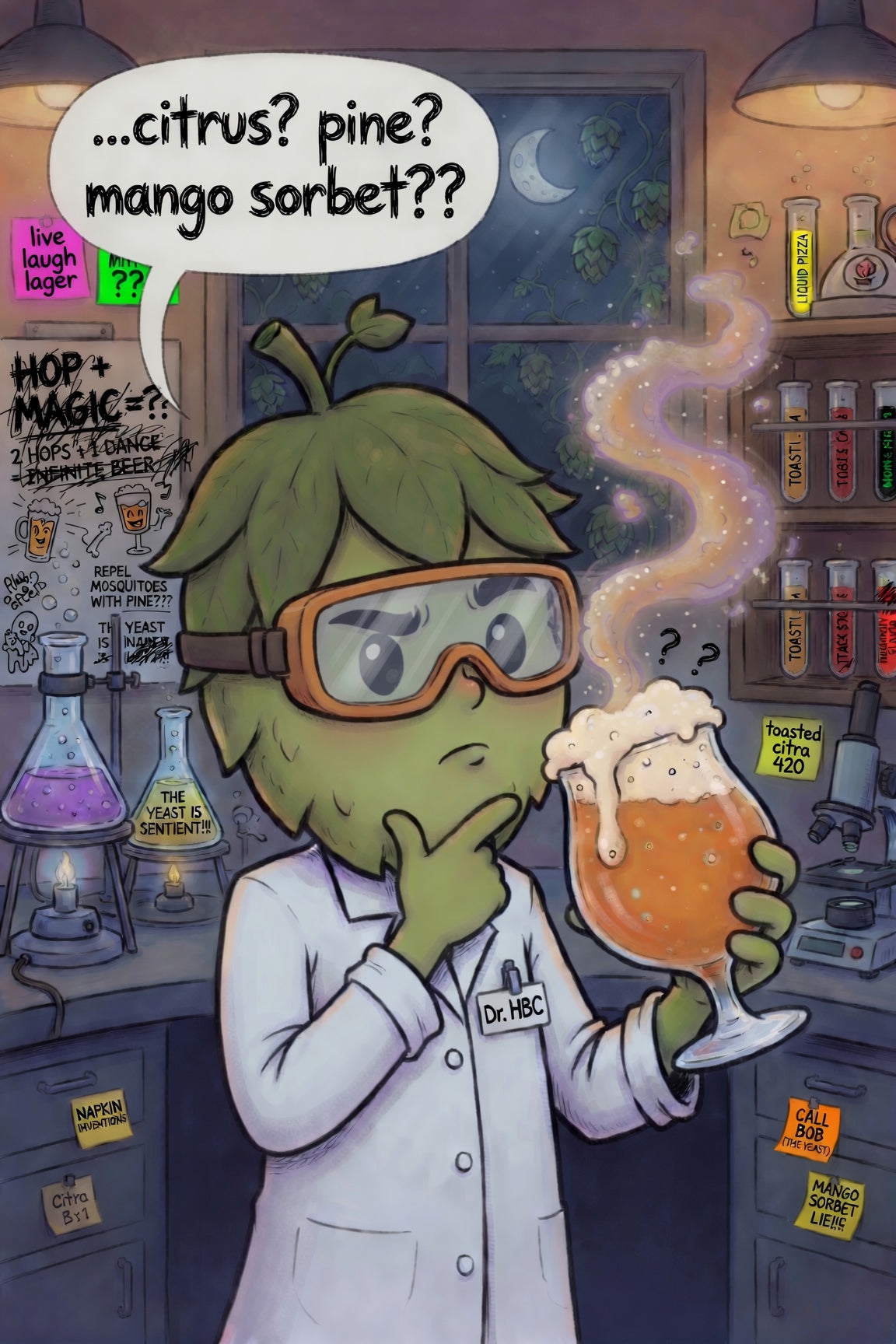 cartoon hop character smelling a beer in a lab with mad scientist vibes with hbc-472 hops