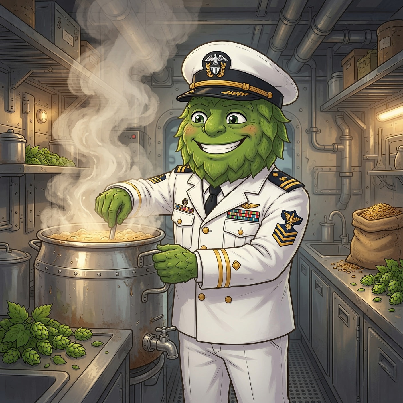 A green, hoppy cartoon character in a white US Navy officer uniform stands in a ship galley, stirring a large pot of beer with steam rising. Hop cones and grain sacks are visible on the shelves and countertops.