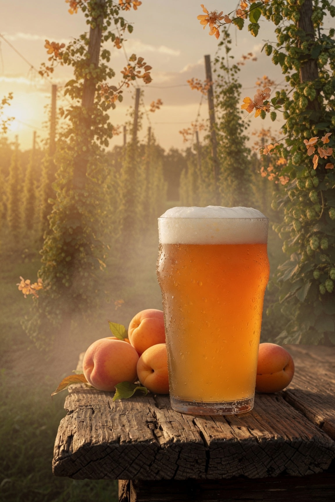 Glass of beer with on a wooden table with peaches on a hop farm with idaho 7