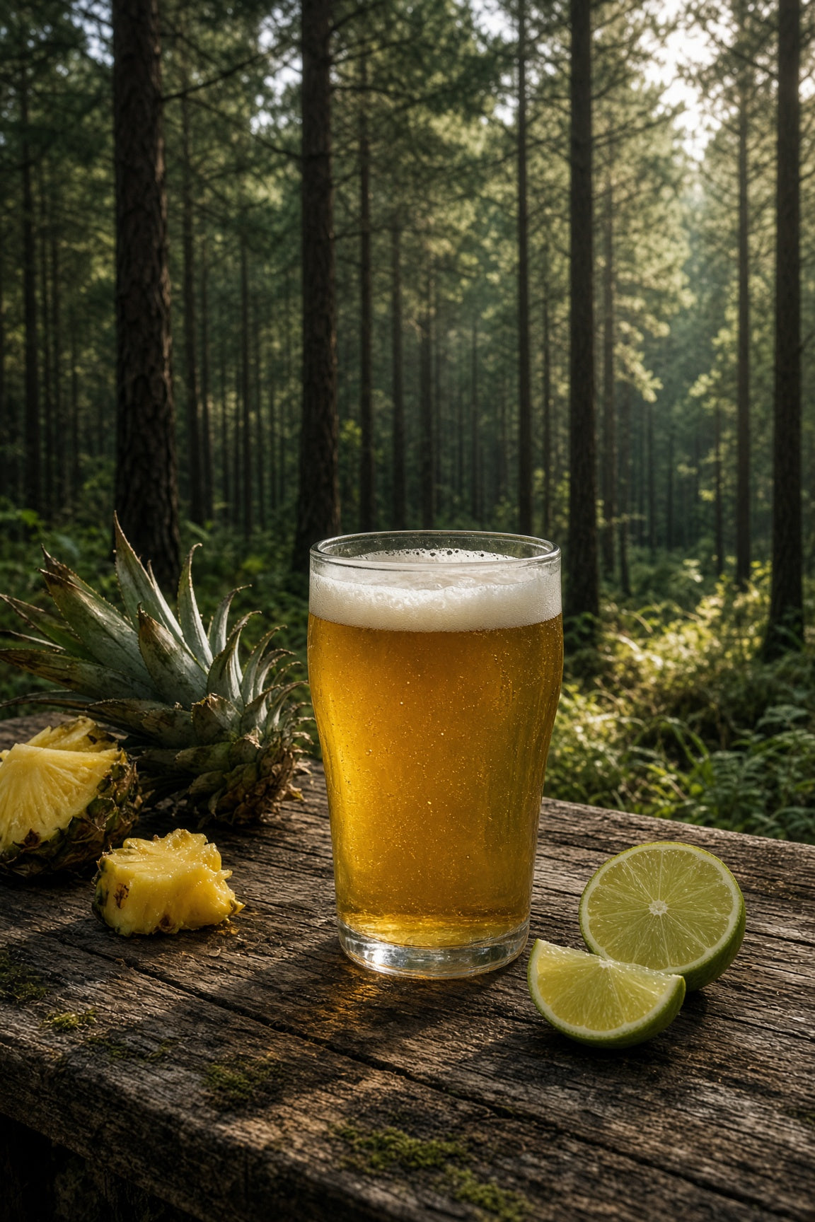 A pint of golden beer with white foam sits on a rustic wooden table in a sunlit forest setting, styled with pineapple pieces and lime slices that demonstrate kohatu hops flavor