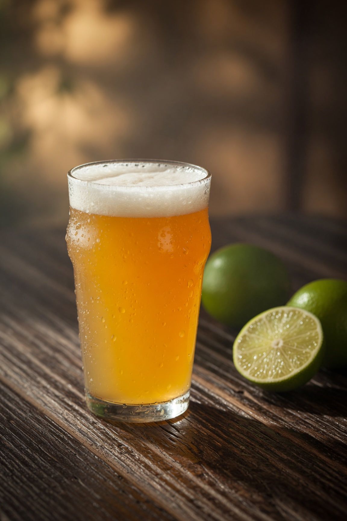 Glass of beer with foam on a wooden table with limes and motueka hops