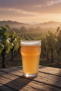 dramatic shot of a pale ale on a wooden table looking out into a vineyard and hills with nelson sauvin hops