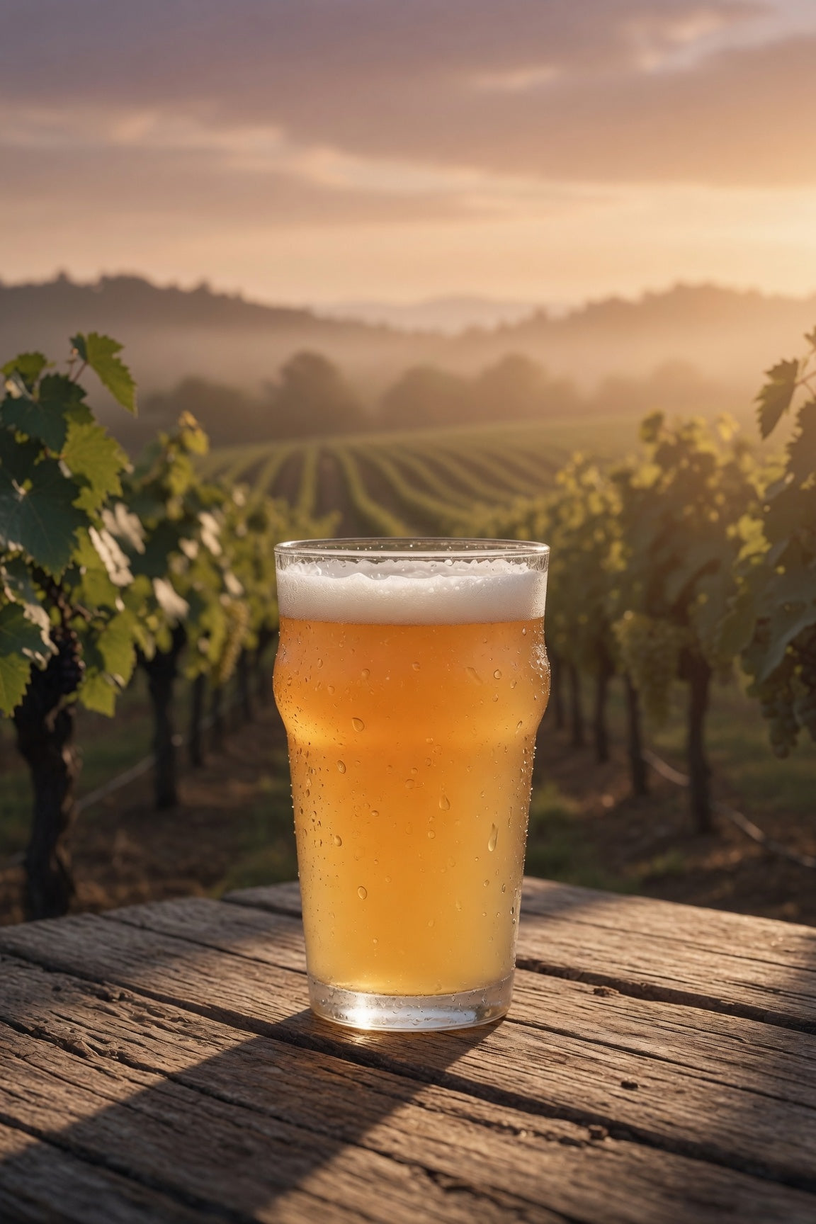 dramatic shot of a pale ale on a wooden table looking out into a vineyard and hills with nelson sauvin hops