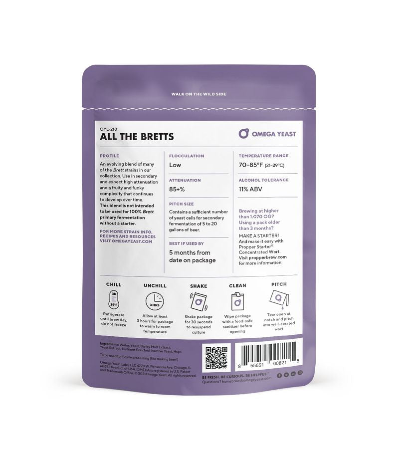 The back of a purple Omega Yeast All The Bretts liquid yeast pouch, showing product details, brewing instructions, and a barcode on a white background.