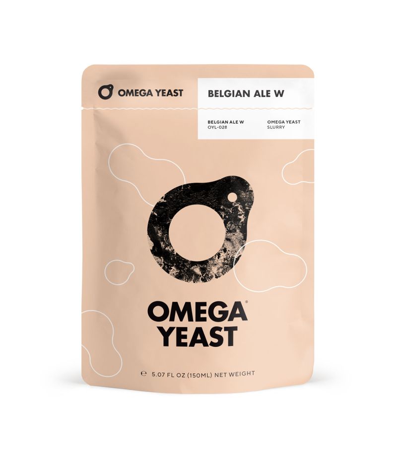 A stand-up pouch of Omega Yeast Belgian Ale W liquid yeast slurry