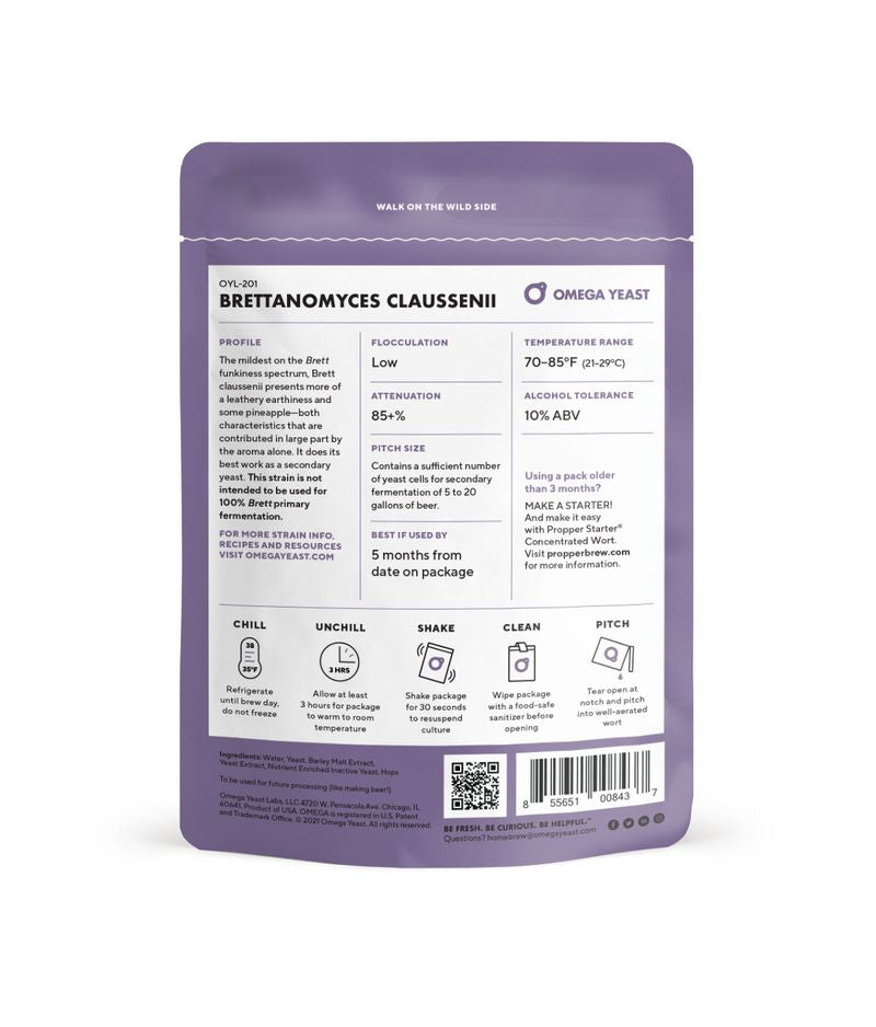 The back of a pouch of Omega Yeast Brettanomyces Clausenii liquid yeast, with technical specs and usage notes.