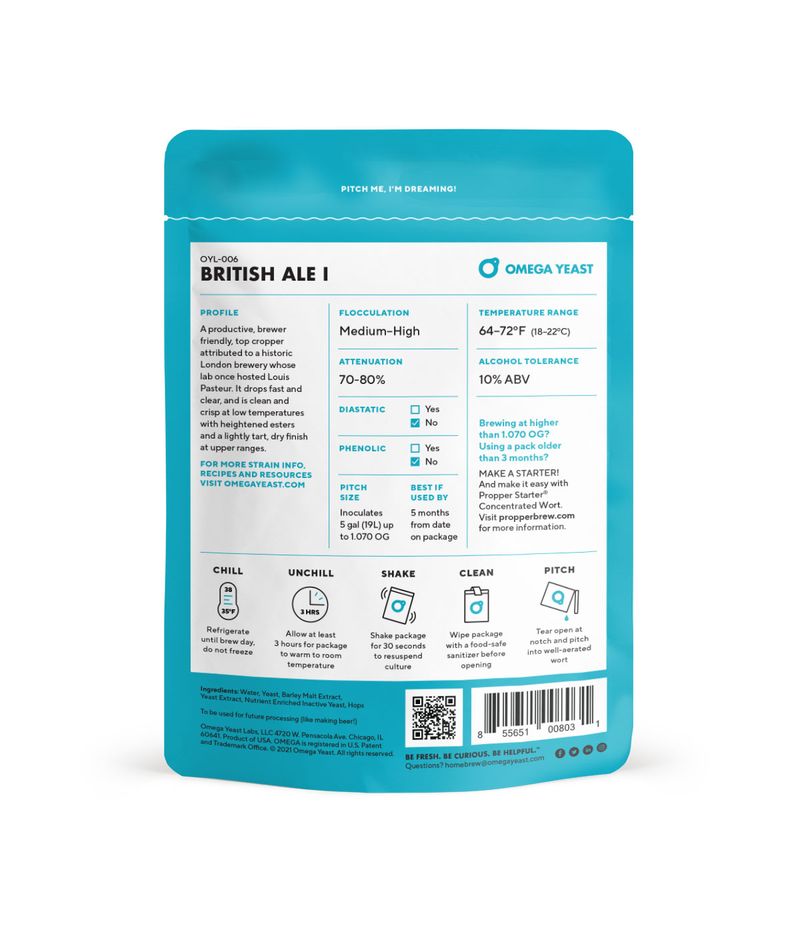The back of a pouch of omega yeast labs british ale I with technical specs and descriptions