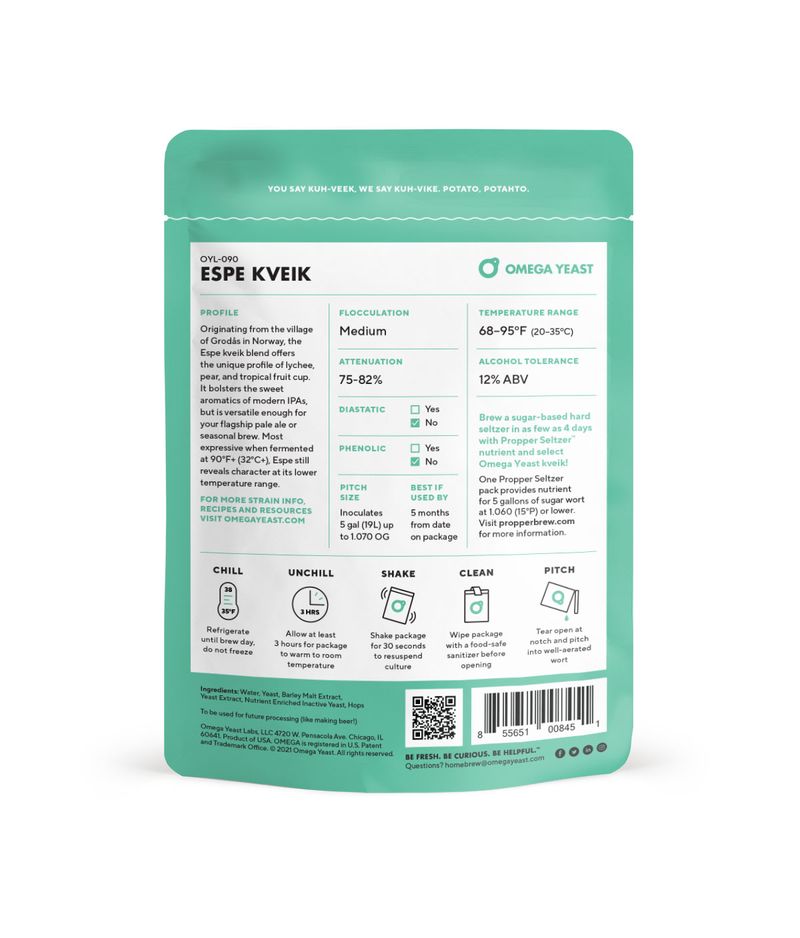 Back view of a green and white Omega Yeast Espe Kveik fermentation packet, displaying detailed product information, temperature guidelines, and shaking instructions.