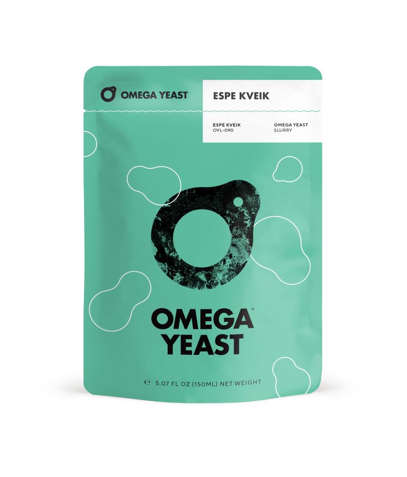 A mint green stand-up pouch of Omega Yeast Espe Kveik on a plain white background.