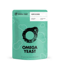 A mint green stand-up pouch of Omega Yeast Espe Kveik on a plain white background.