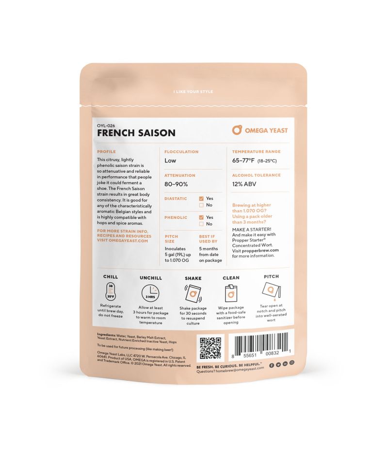 Back view of a stand-up pouch of Omega Yeast French Saison with technical information and usage details.