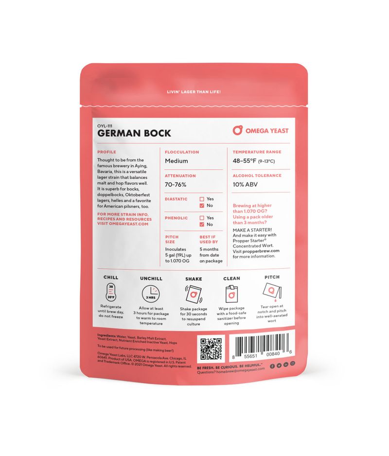 The back of a red and white Omega Yaast German Bock liquid yeast pouch, showing product details, brewing instructions, and usage details.