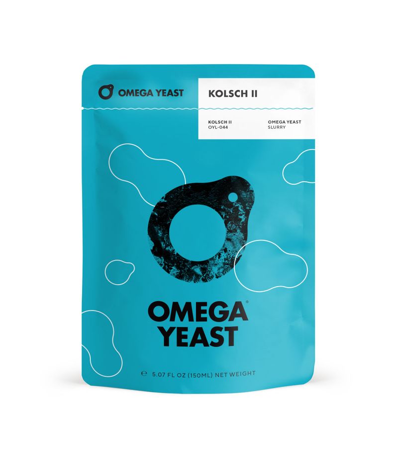 Stand up pouch of Omega Yeast Kolsch II liquid yeast slurry in a bright cyan-blue color with a large black circular logo and white cloud graphics, shown on a clean white background.