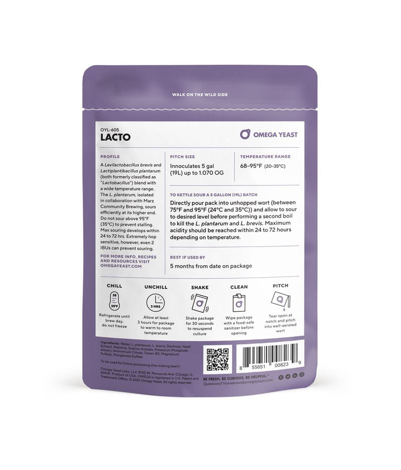The back of a purple Omega Yeast Lacto liquid bacterial culture, showing product details, usage instructions, and a barcode on a white background.