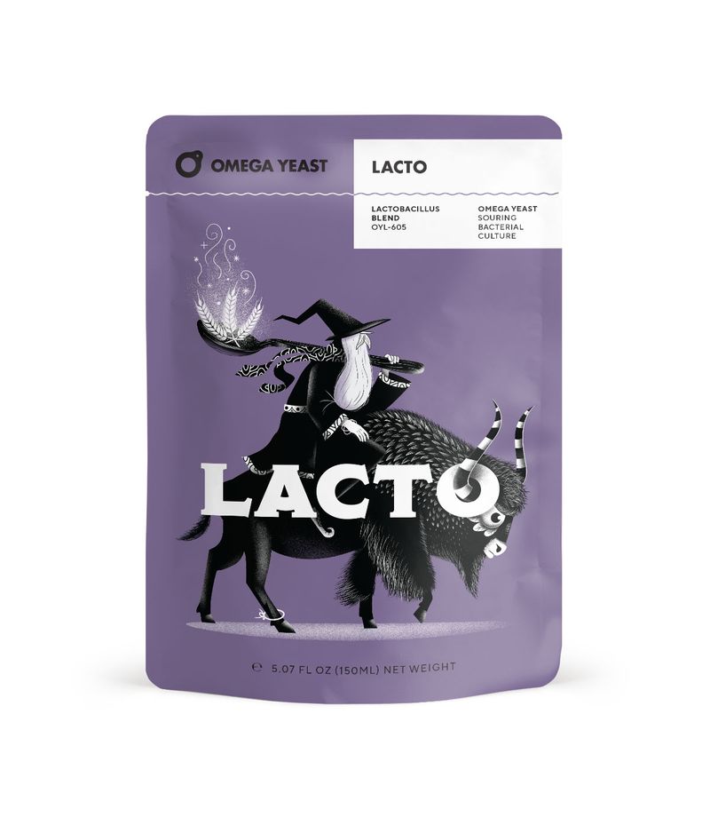 Purple package of Omega Yeast Lacto liquid bacterial culture with a witch and goat illustration on a white background