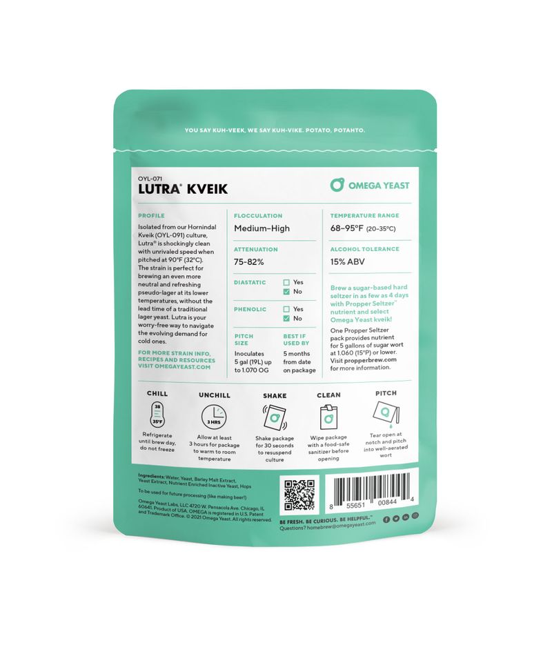 Back view of a green and white Omega Yeast Lutra Kveik pouch, displaying product details, temperature ranges, and usage details on a white background.