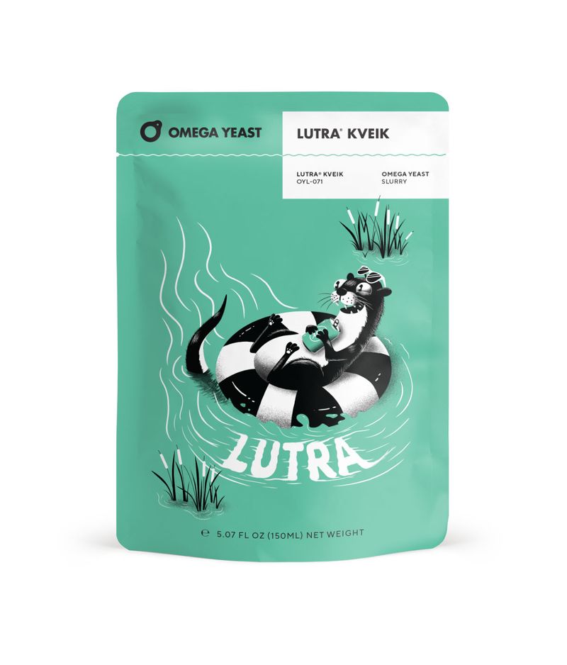 Lutra Kveik yeast package with a cartoon otter on a green background