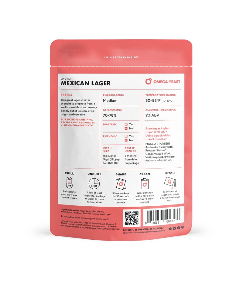 The back of a red and white pouch of Omega Yeast Mexican Lager dry malt malt extract, showing product details, brewing instructions, and a barcode on a white background.