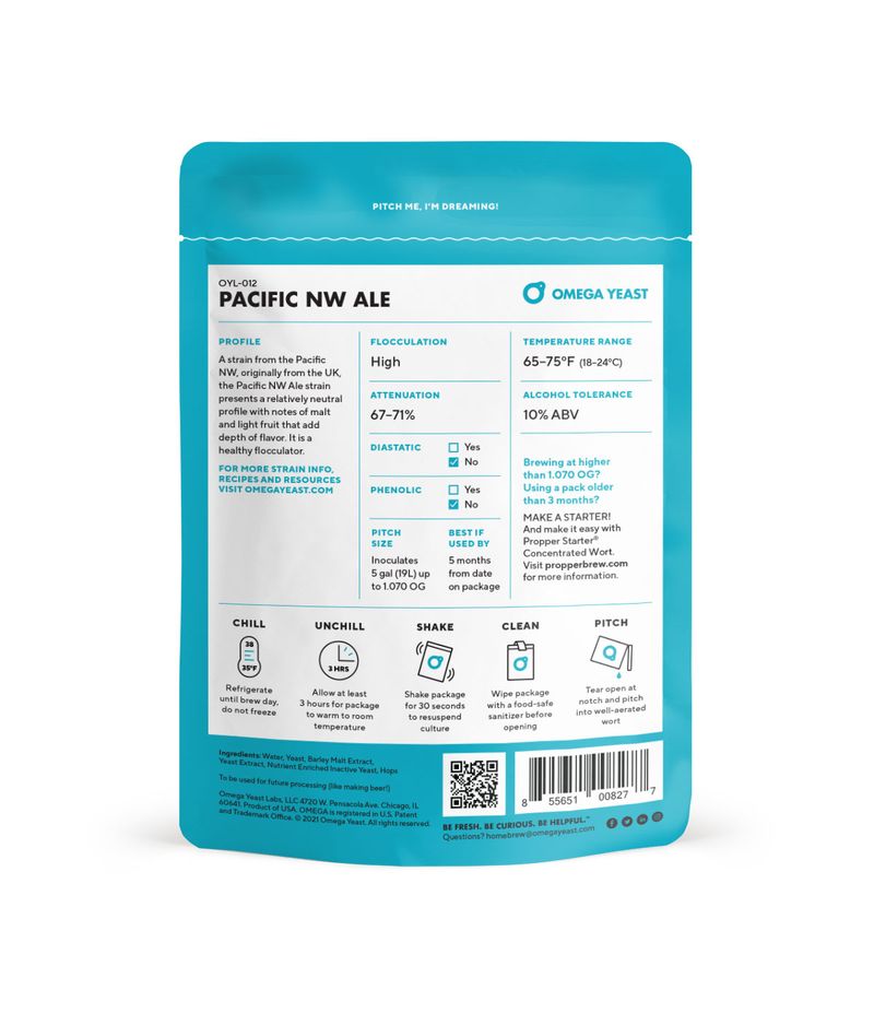 The back of a teal and white Omega Labs Pacific NW Ale liquid yeast packet, showing product information, brewing guidelines, and a barcode on a white background.