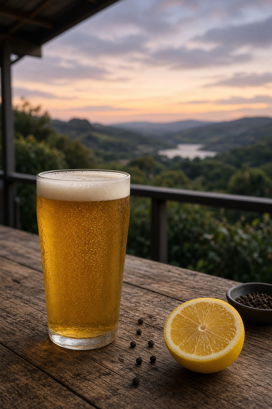 A frothy glass of golden beer sits on a rustic wooden table beside a halved lemon and scattered peppercorns, with a New Zealand scenic mountain valley at sunset in the background with Pacific Jade hops