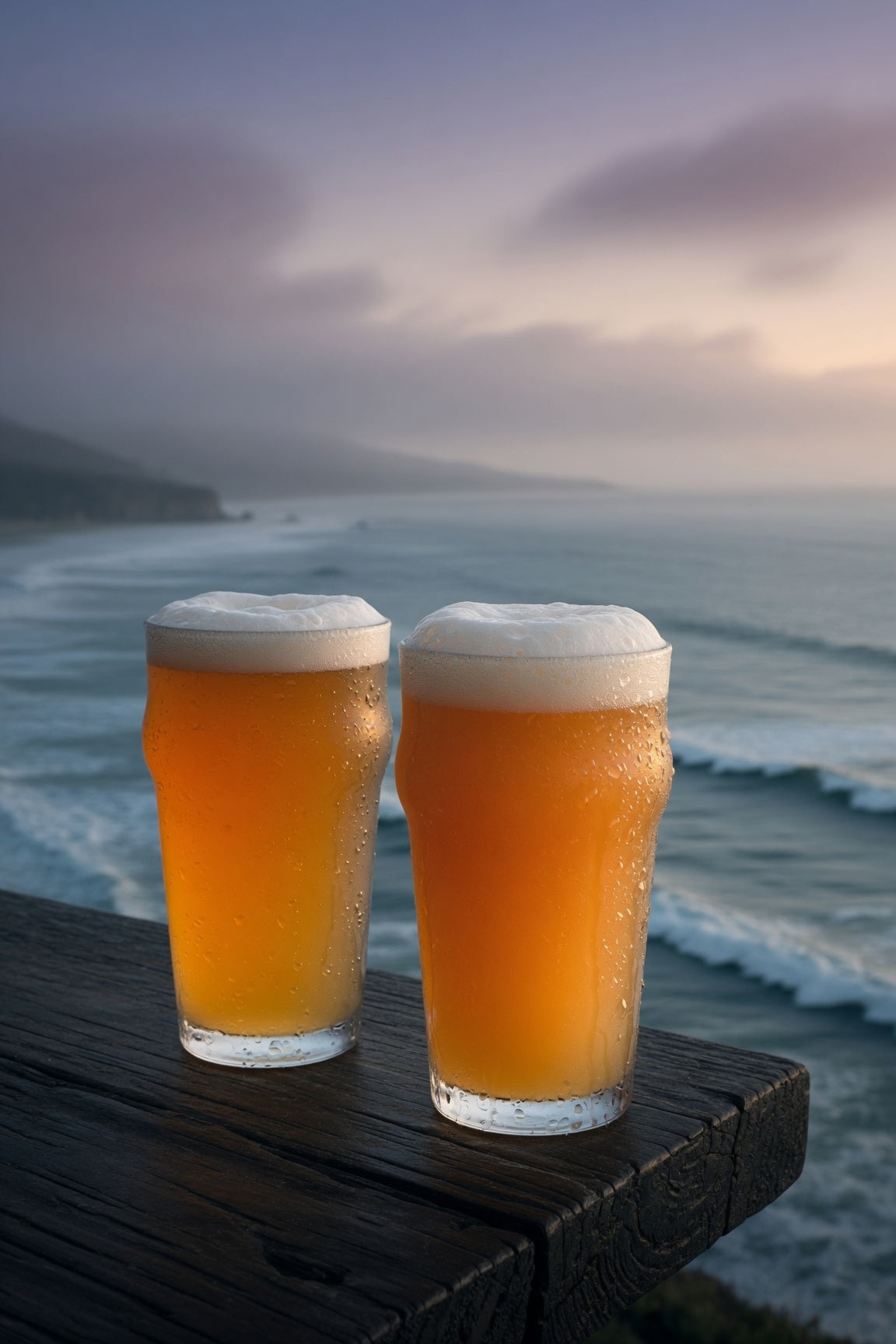 Two pints of beer with foam tops on a wooden ledge by the cold ocean at sunset with pacifica hops