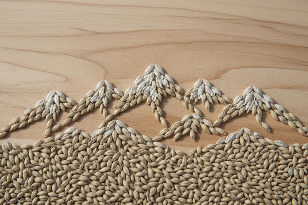 proximity base malt grain arranged in a mountain landscape on a wooden table