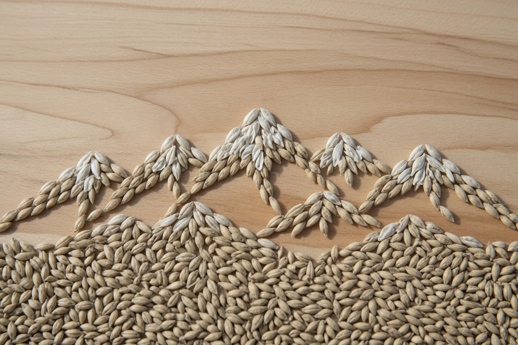 proximity base malt grain arranged in a mountain landscape on a wooden table