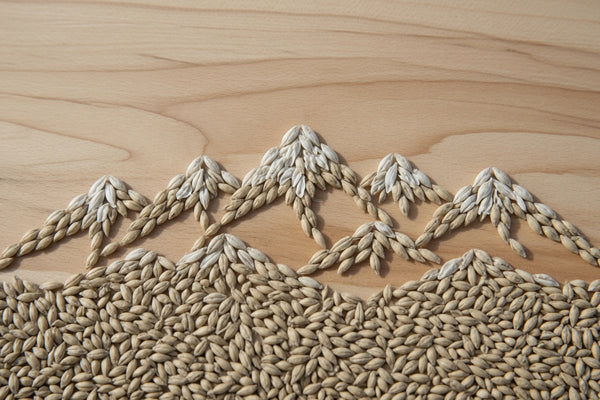proximity base malt grain arranged in a mountain landscape on a wooden table