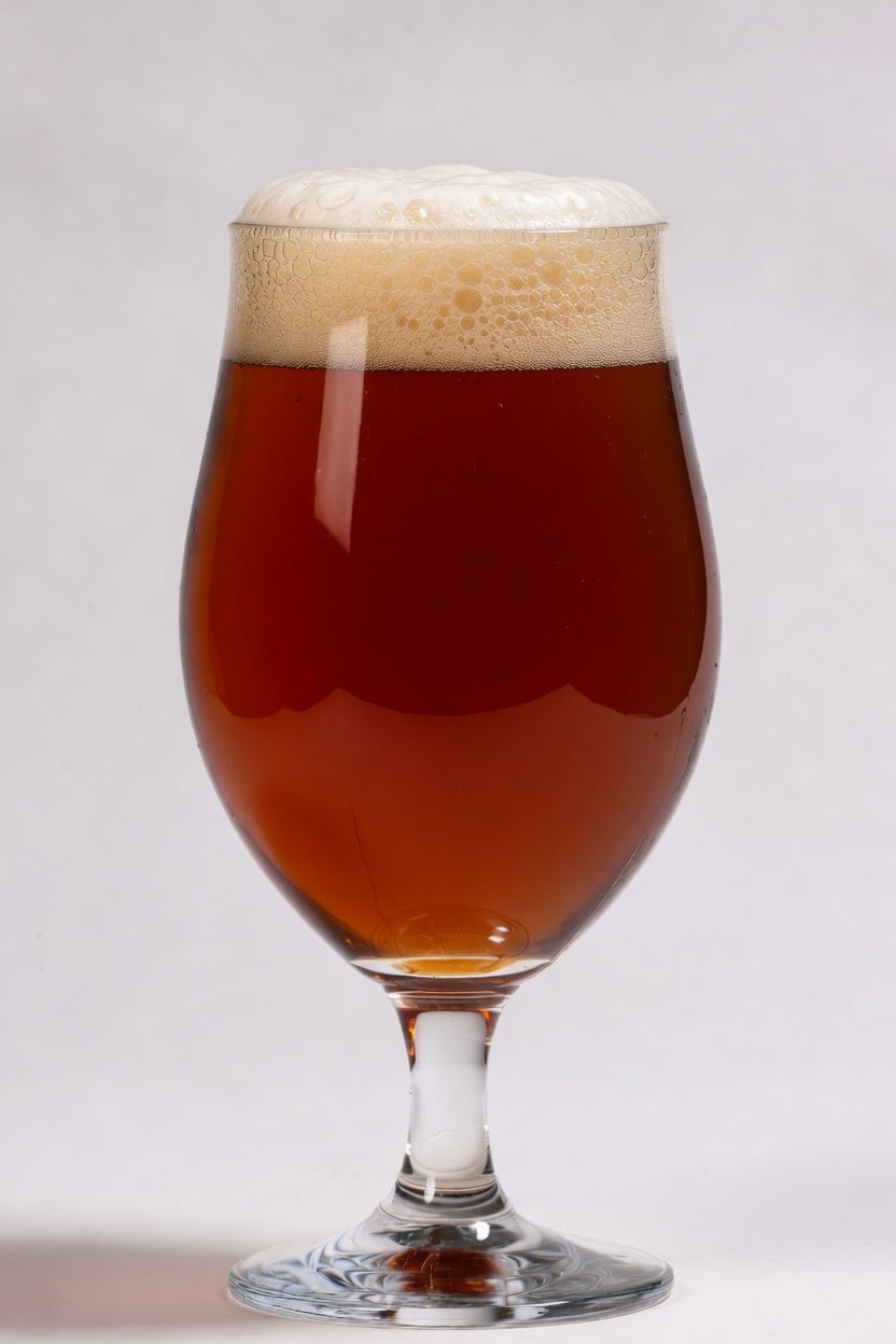 glass of deep amber beer showing 20 srm color from proximity biscuit roasted 20 specialty malt
