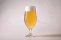 a glass of golden hazy beer showing 8 srm color and a large white head made with proximity regenmalt body builder malted barley