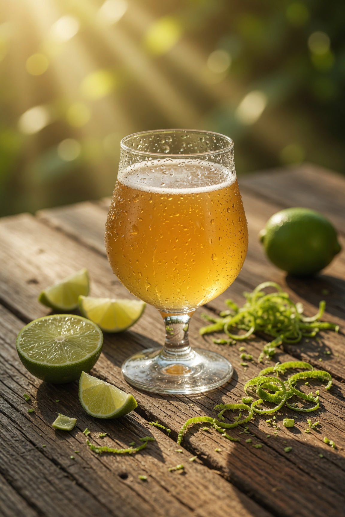Glass of pale ale with lime wedges on a wooden table