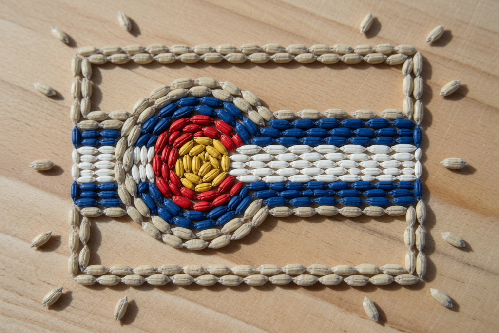 barley kernals representing root shoot genie pale base malt arranged to show the Colorado state flag