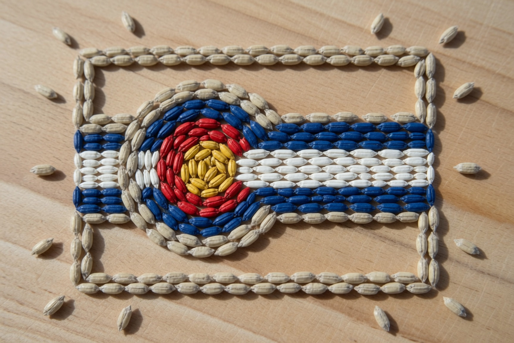 barley kernals representing root shoot genie pale base malt arranged to show the Colorado state flag