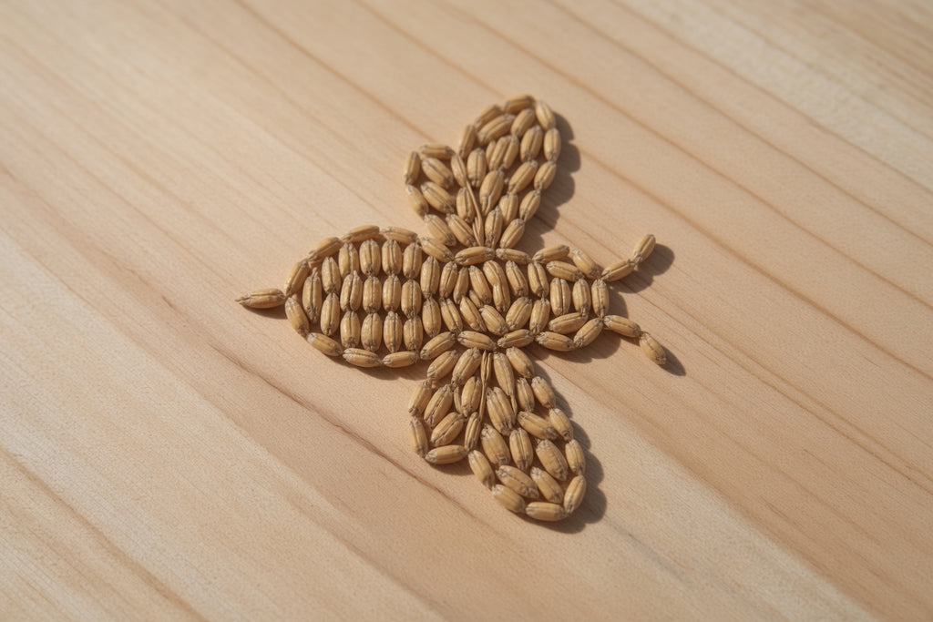kernals of root shoot honey malted barley showing 20 lovibond color arranged in the shape of a bee on a wooden surface